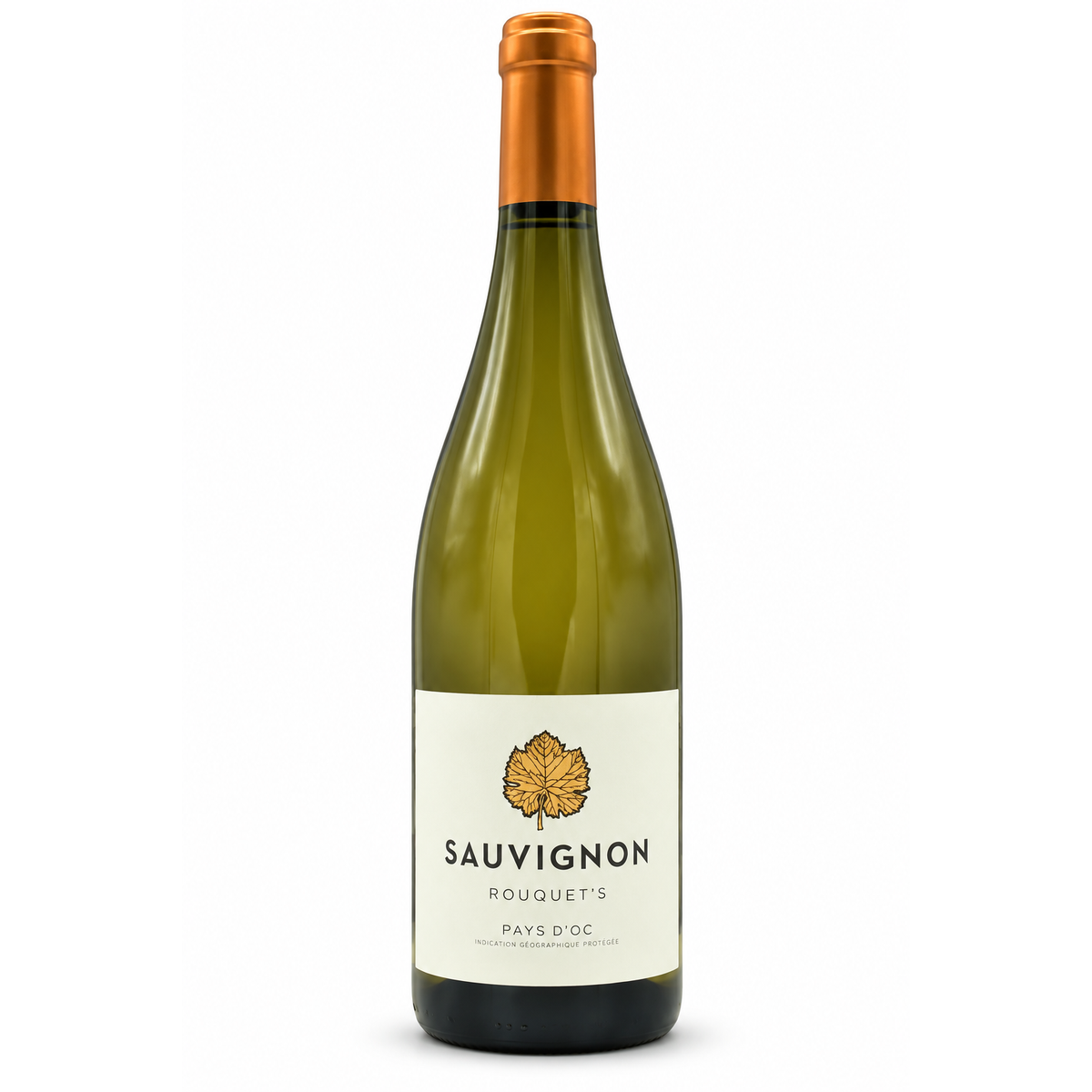 A bottle of Rouquet's Sauvignon white wine with a green glass body, a cream-colored label with a gold leaf logo, and a gold foil capsule at the neck, set against a plain white background.