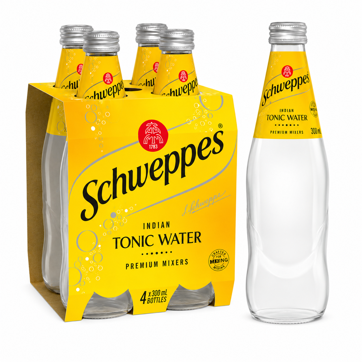 A four-pack of Schweppes Indian Tonic Water premium mixers in a yellow cardboard carrier, shown next to a single clear glass bottle with a yellow label and silver cap on a white background.