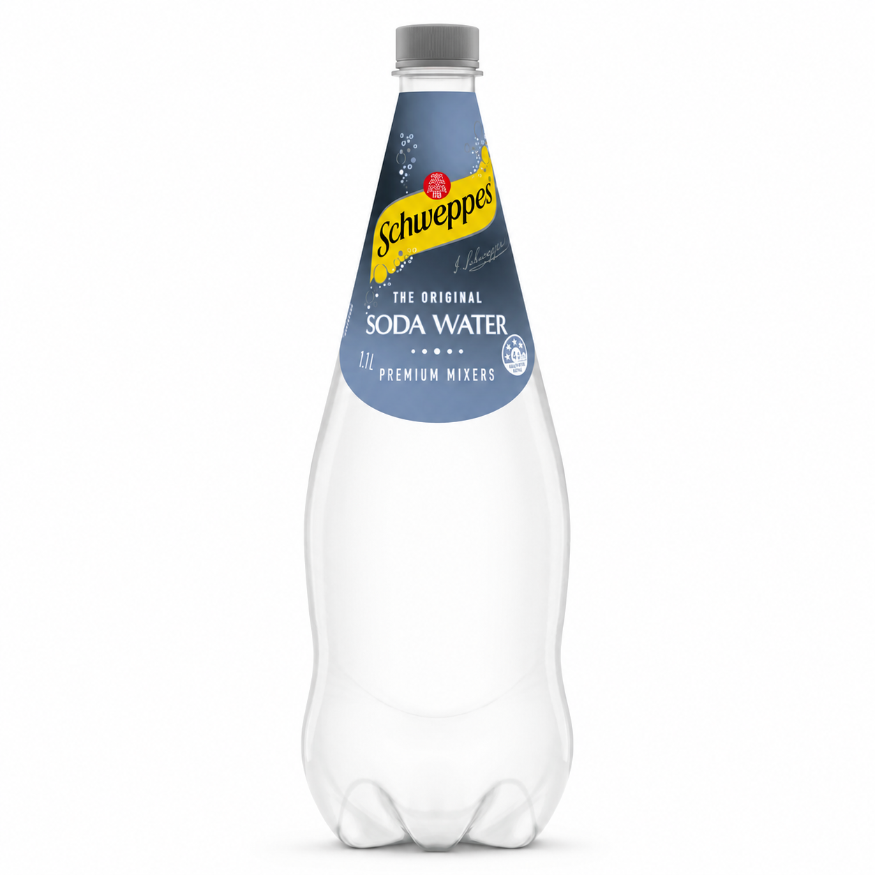 A 1.1L clear plastic bottle of Schweppes The Original Soda Water with a blue and yellow label, centered on a white background.