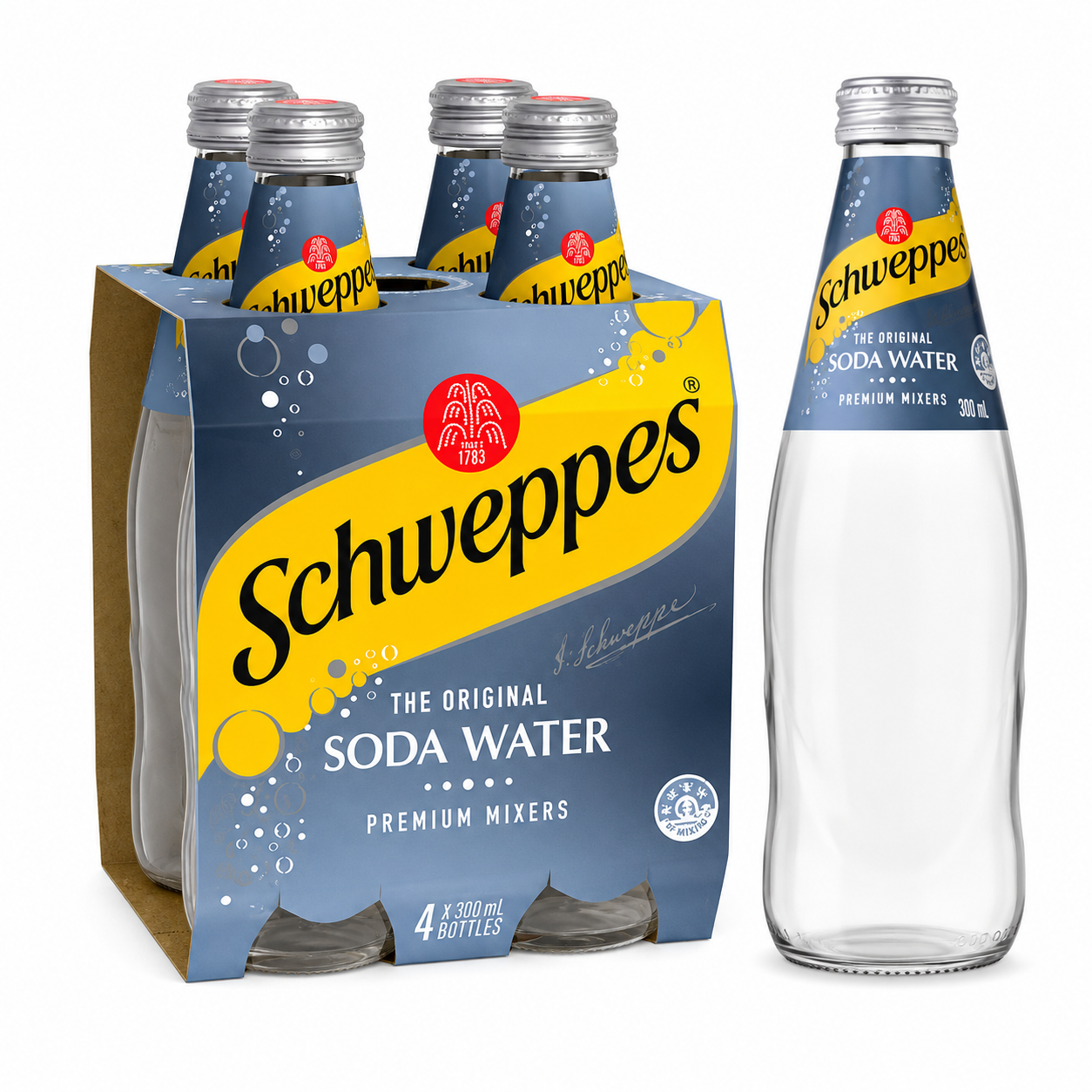 A four-pack of Schweppes The Original Soda Water premium mixers bottles in a blue cardboard carrier, shown next to a single tall clear glass bottle on a white background.