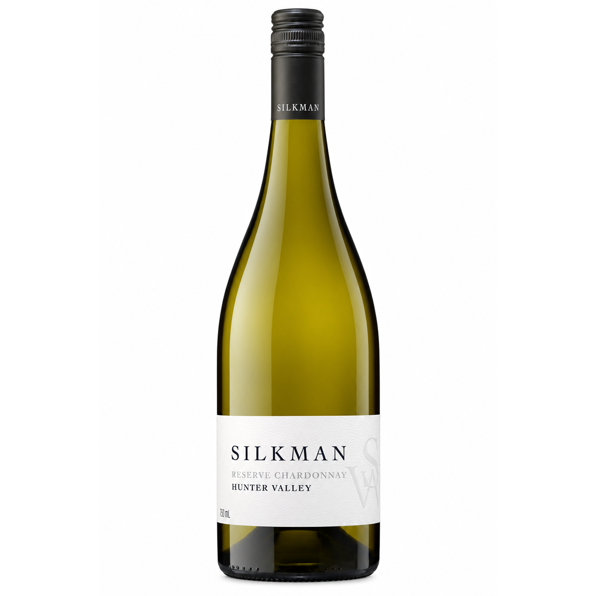 A bottle of Silkman Reserve Chardonnay Hunter Valley white wine, featuring a dark green glass bottle with a white label and a black screw cap, set against a plain white background.