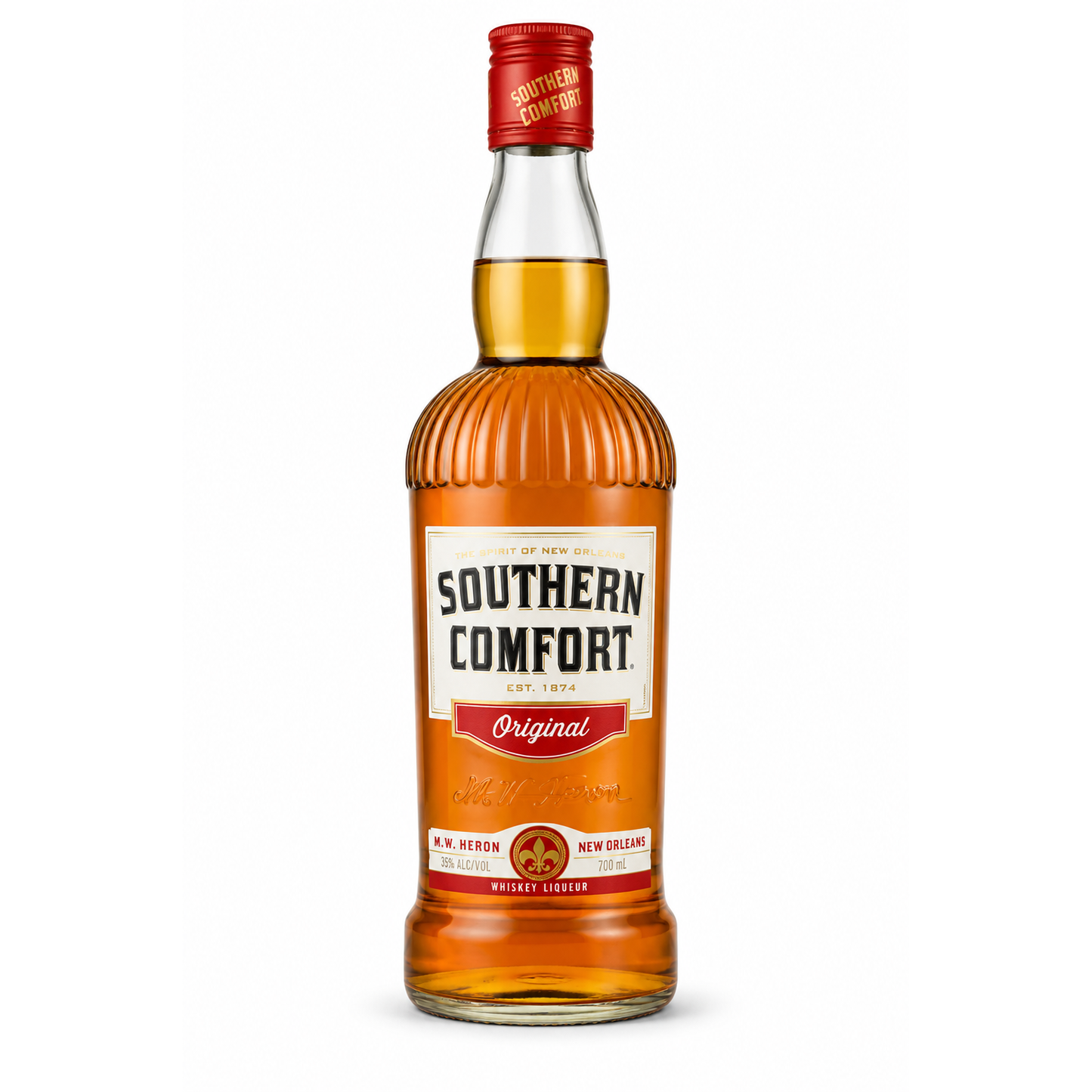 A bottle of Southern Comfort Original whiskey cognac with amber liquid, a cream and red label, and a red cap, shown on a white background.