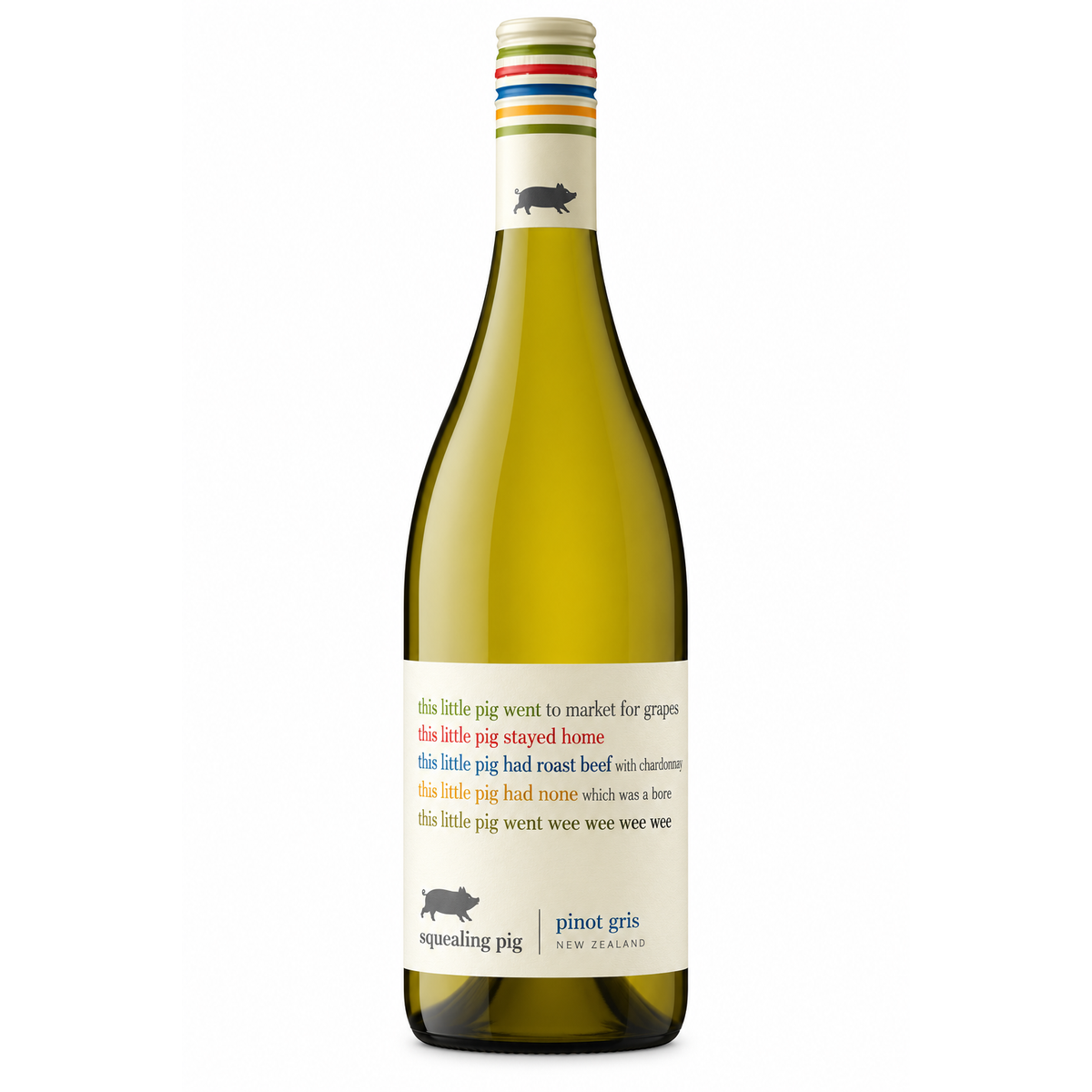 A bottle of Squealing Pig Pinot Gris white wine on a plain white background. The bottle is made of dark green glass with a cream-colored label featuring a black pig silhouette and multicolored text, topped with a white capsule seal decorated with thin red, orange, yellow, and blue stripes.