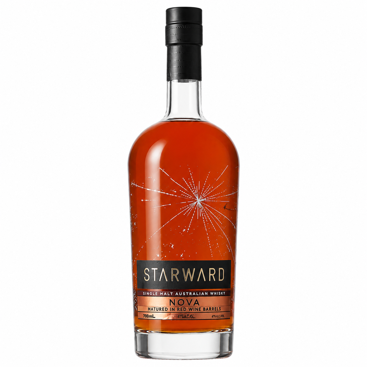 A bottle of Starward Nova Single Malt Australian Whiskey against a solid white background. The bottle is filled with amber-colored whiskey and features a black cap and a black label with gold and white text and graphics.
