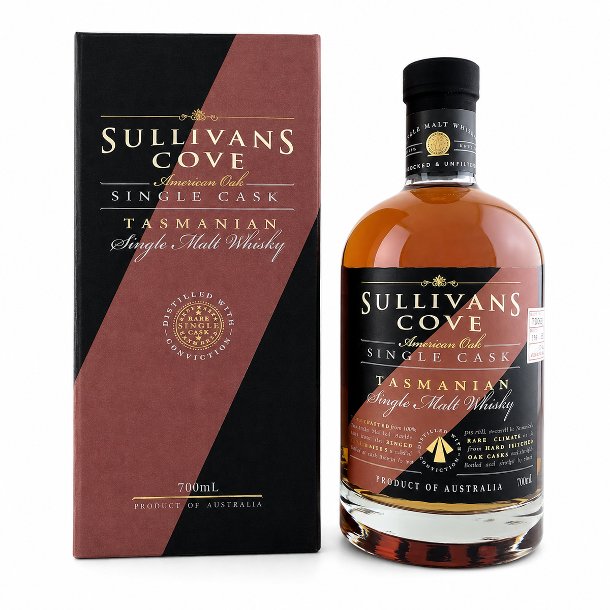 A bottle of Sullivans Cove Tasmanian Single Cask American Oak Single Malt Whisky next to its matching retail box, both featuring a dark brown and black design with gold lettering, on a white background.