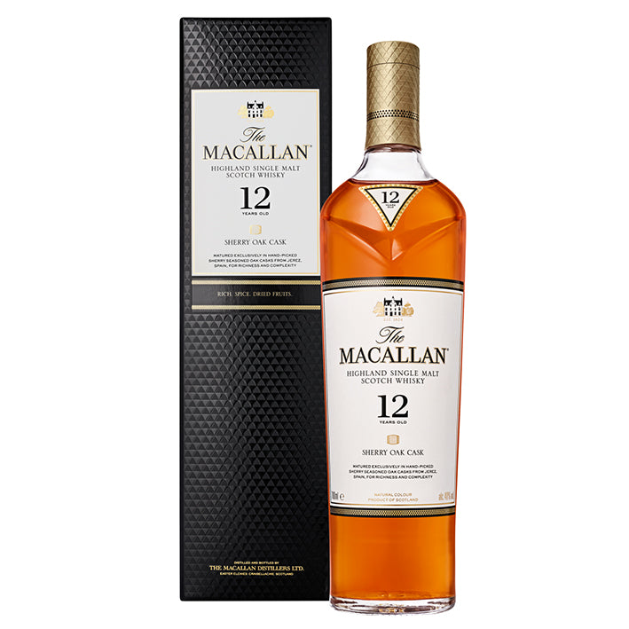 The Macallan Sherry Oak 12-Year-Old Single Malt Scotch Whisky, showing the bottle and packaging with a visible label and branding.