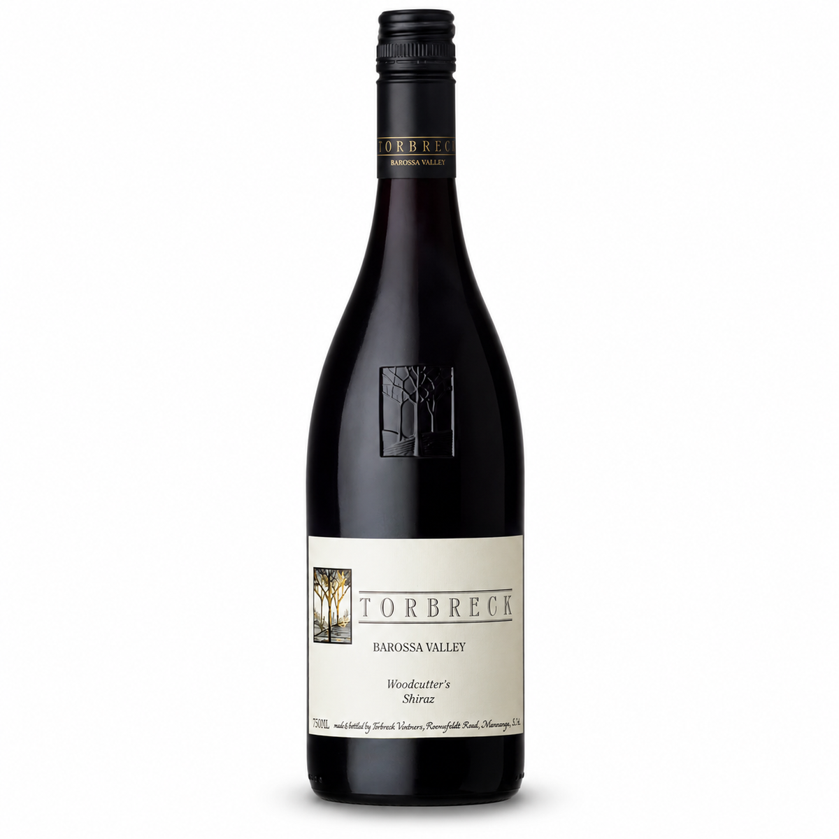 A bottle of Torbreck Barossa Valley Shiraz red wine, featuring a dark glass bottle with a cream-colored label and a black screw cap, set against a plain white background.