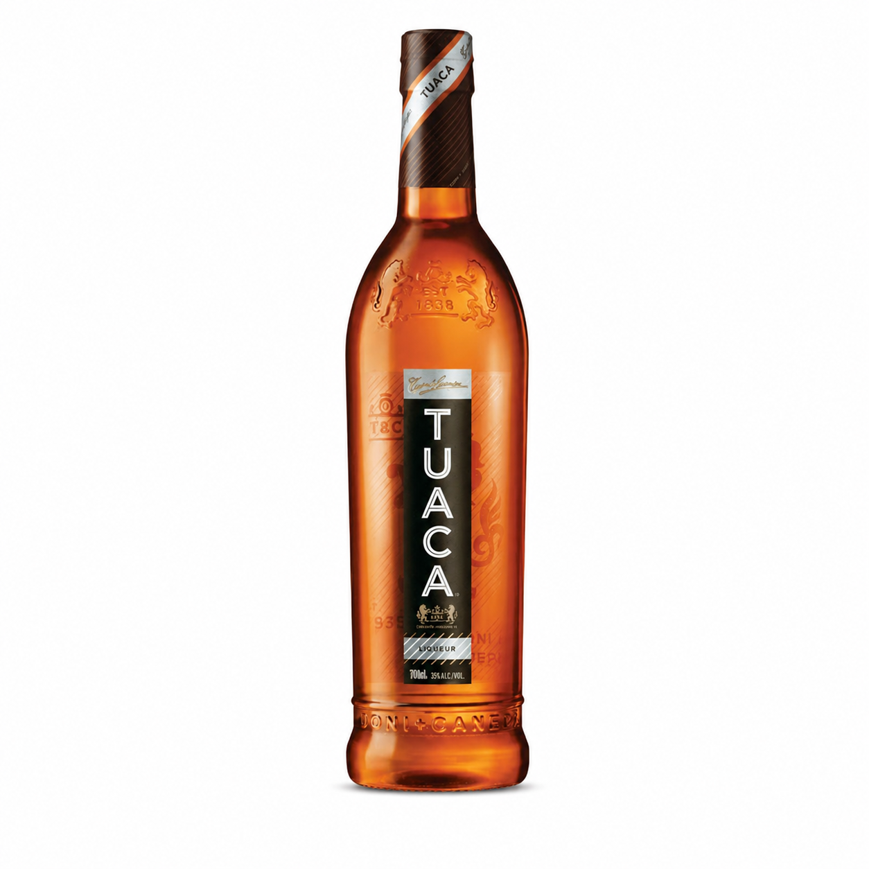 A bottle of Tuaca Añejo 700ml rum against a plain white background. The bottle is made of amber glass, showing the warm brown color of the rum inside.