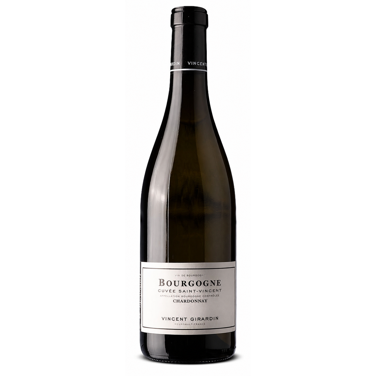 A bottle of Vincent Girardin Bourgogne Cuvrée Saint-Vincent Chardonnay white wine, featuring a dark glass bottle with a white label and black foil cap, set against a plain white background.