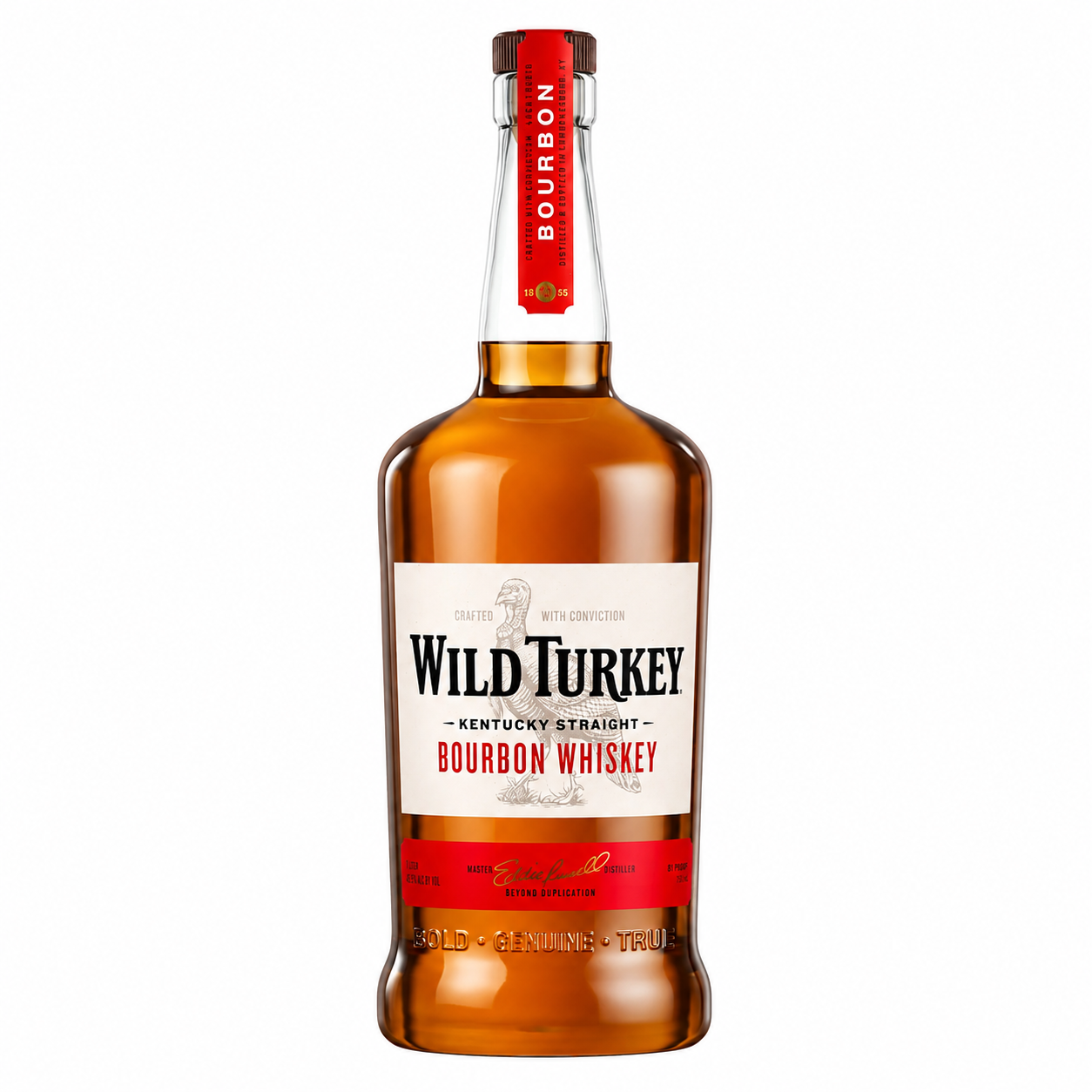 A bottle of Wild Turkey Kentucky Straight Bourbon Whiskey on a solid white background.