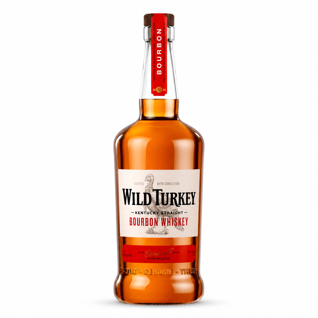 A bottle of Wild Turkey Kentucky Straight Bourbon Whiskey on a clean white background.