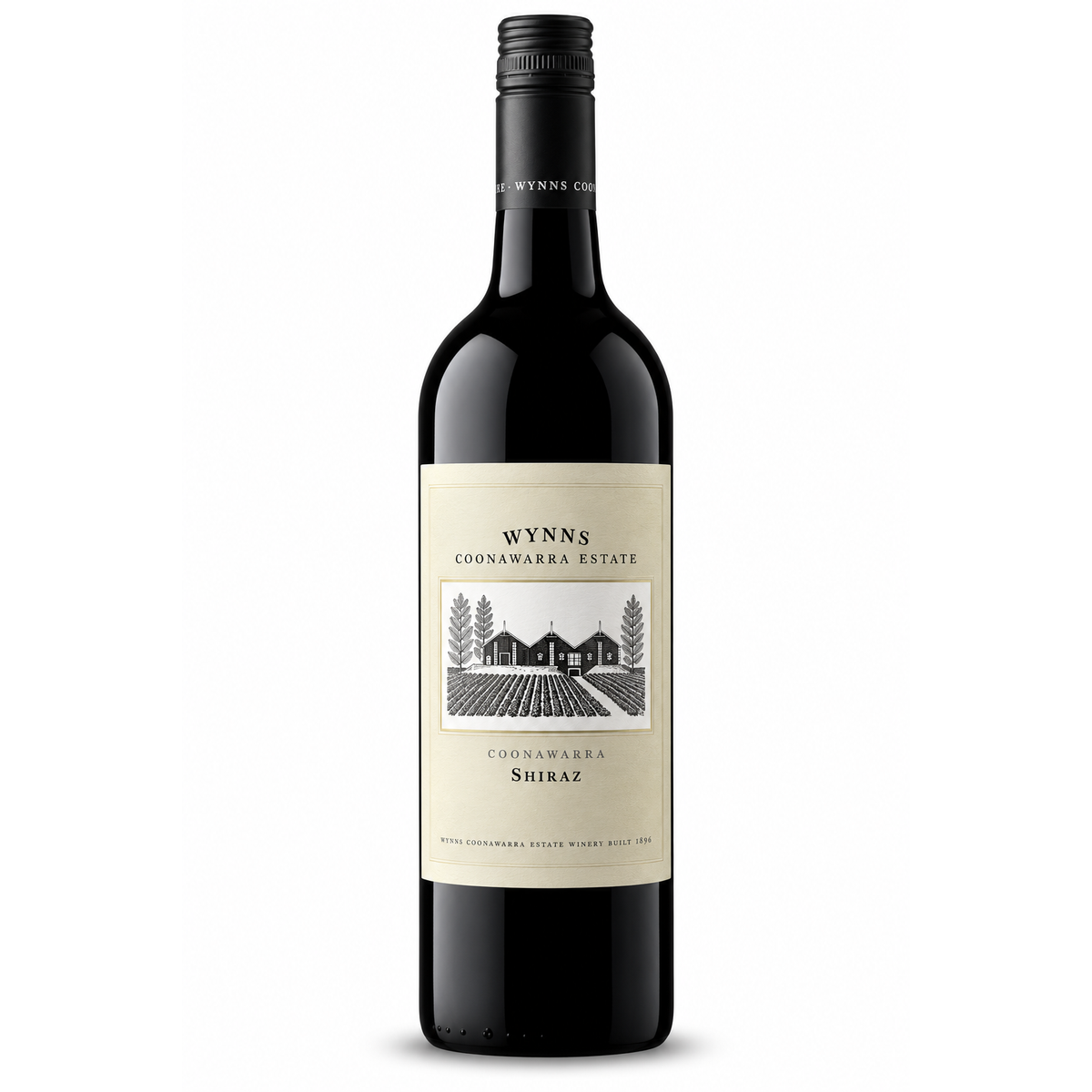 A bottle of Wynns Coonawarra Estate Shiraz red wine, featuring a dark glass bottle with a cream-colored label and a black screw cap, set against a plain white background.