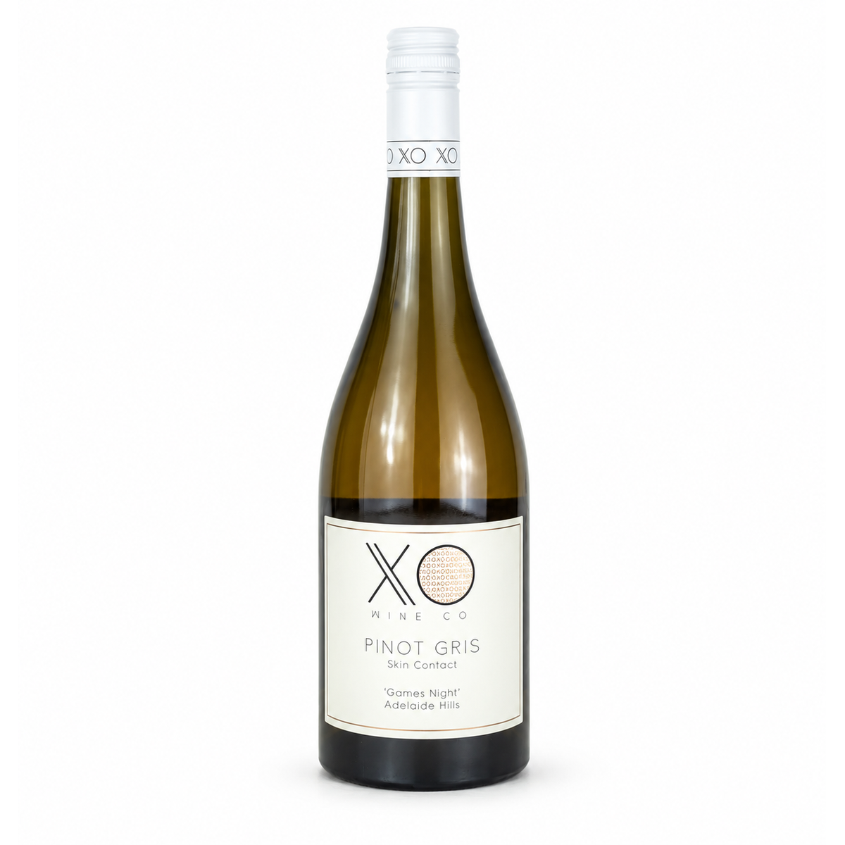 A bottle of XO Pinot Gris skin contact white wine from XO Winery, featuring a dark green glass bottle, white screw cap, and a cream-colored label with black text.