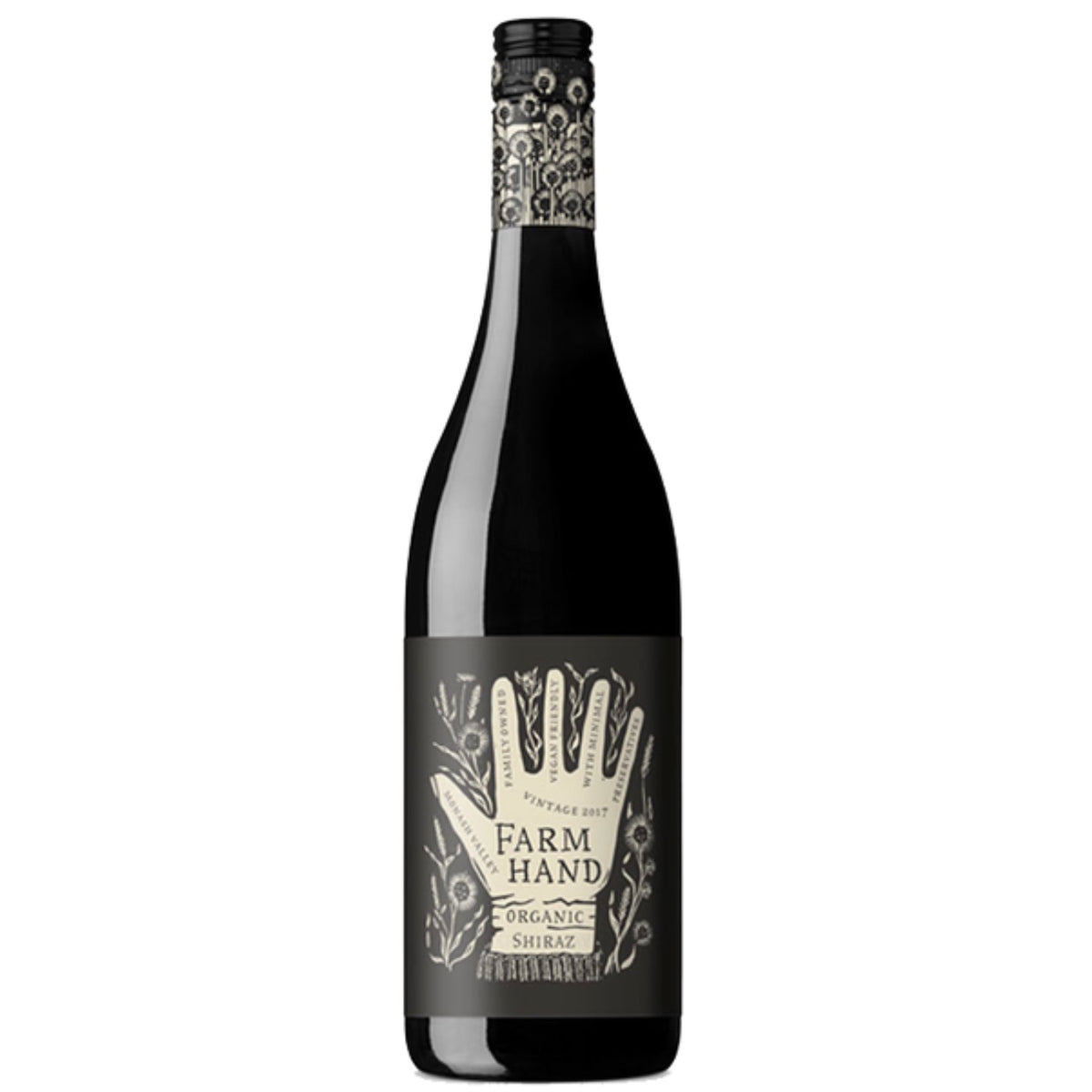 A bottle of Farm Hand Organic Shiraz wine with a label that features a hand and organic symbols.