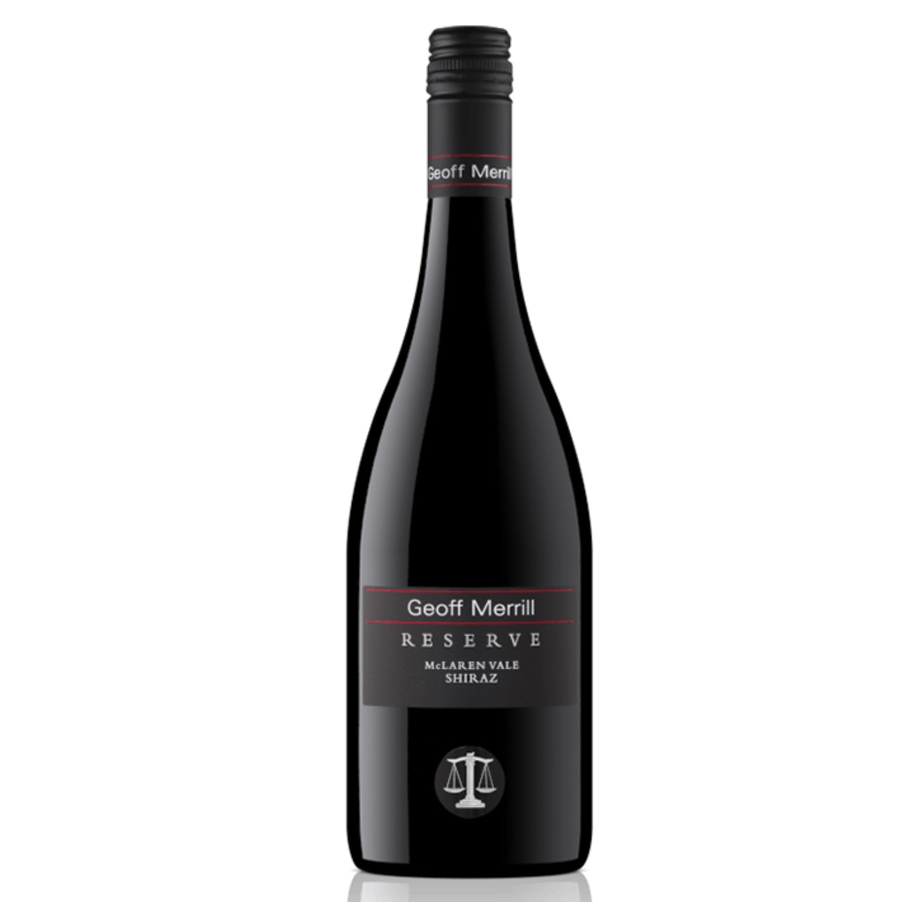 A bottle of Geoff Merrill Reserve Shiraz wine with a dark label and red text.