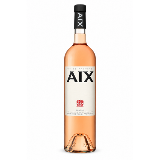 A bottle of AIX Rosé Pink wine, showing the peach-colored liquid inside a clear glass bottle with a cream-colored label and a black neck capsule.