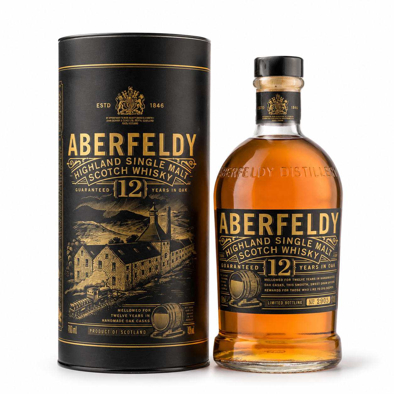 A bottle of Aberfeldy 12 Years Old Highland Single Malt Scotch Whisky with its black and gold branded cylindrical packaging, photographed on a clean white background.