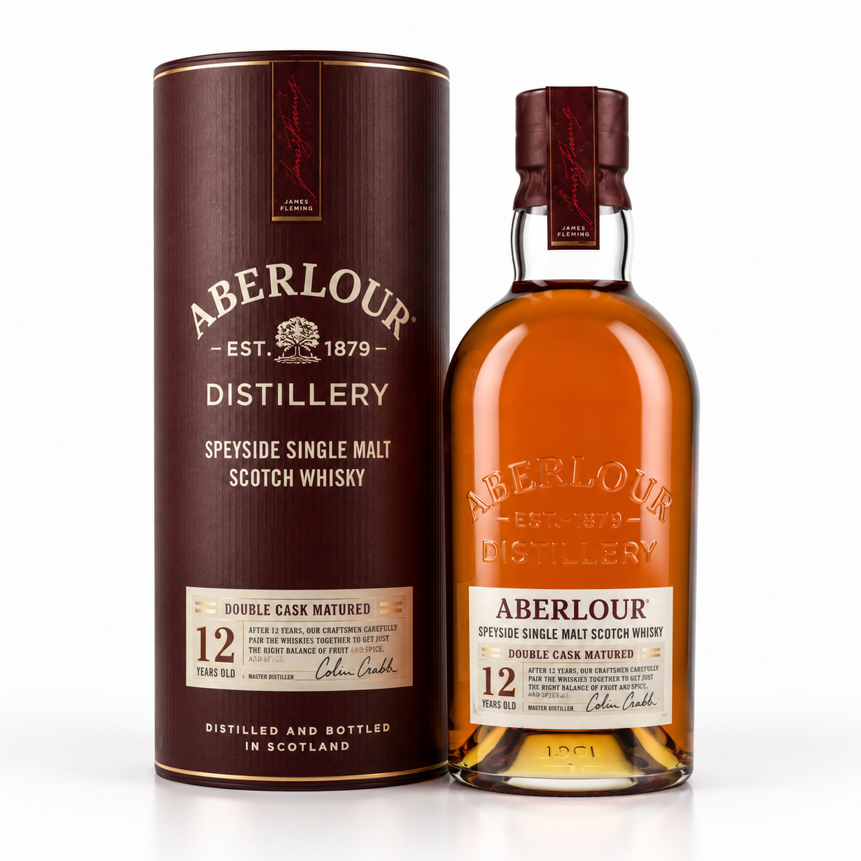 A bottle of Aberlour 12 Years Old single malt Scotch whisky stands next to its tall cylindrical cardboard packaging box on a clean white background.