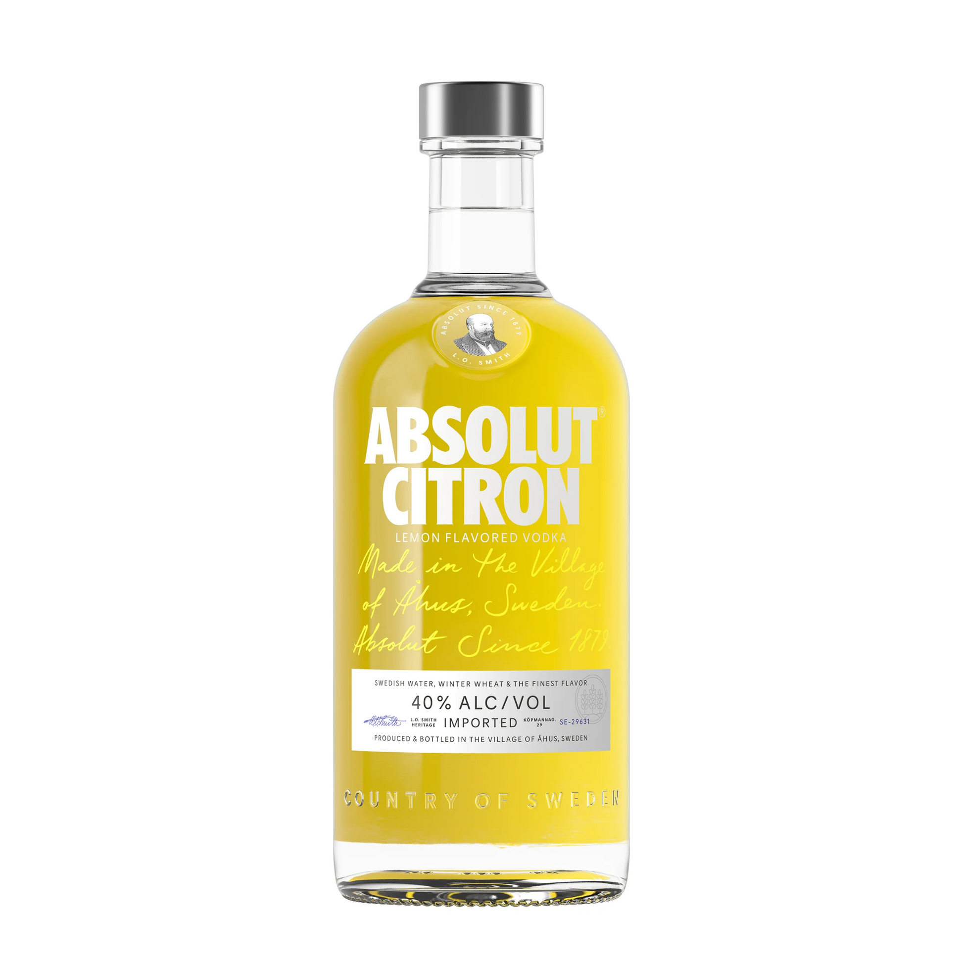 A bottle of Absolut Citron lemon-flavored vodka on a solid white background. The bottle is made of clear glass, showing the bright yellow liquid inside, and features a white label with bold yellow and silver text.