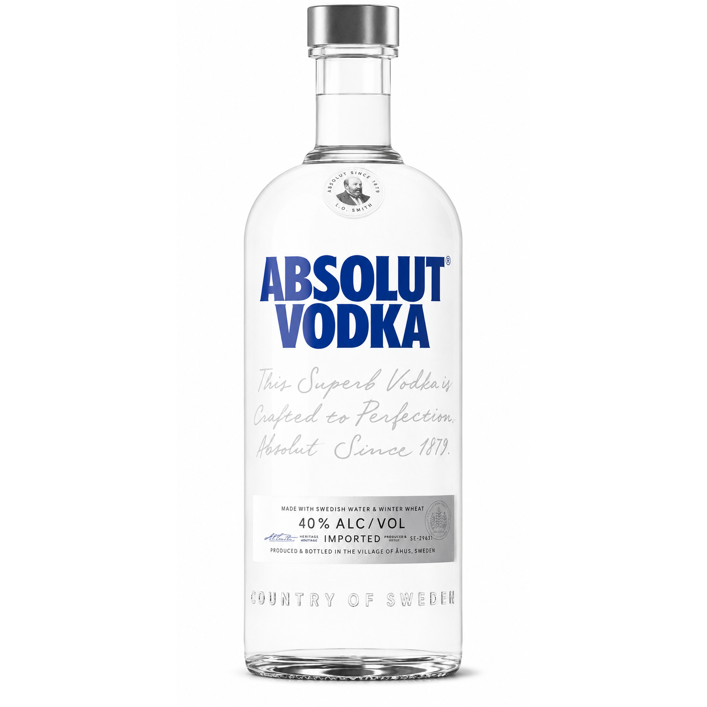 A bottle of Absolut Vodka on a plain white background, featuring the brand name in bold blue text on a clear glass bottle with a silver cap.