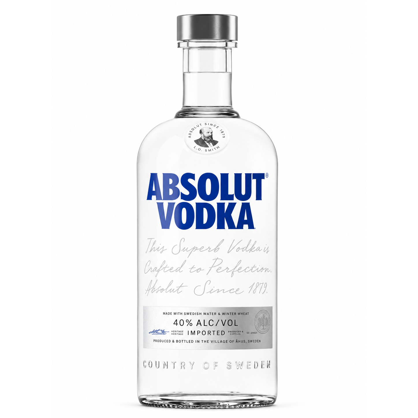 A bottle of Absolut Vodka on a plain white background. The clear glass bottle features a silver cap and a white label with bold blue text reading 'ABSOLUT VODKA' and smaller gray text below.