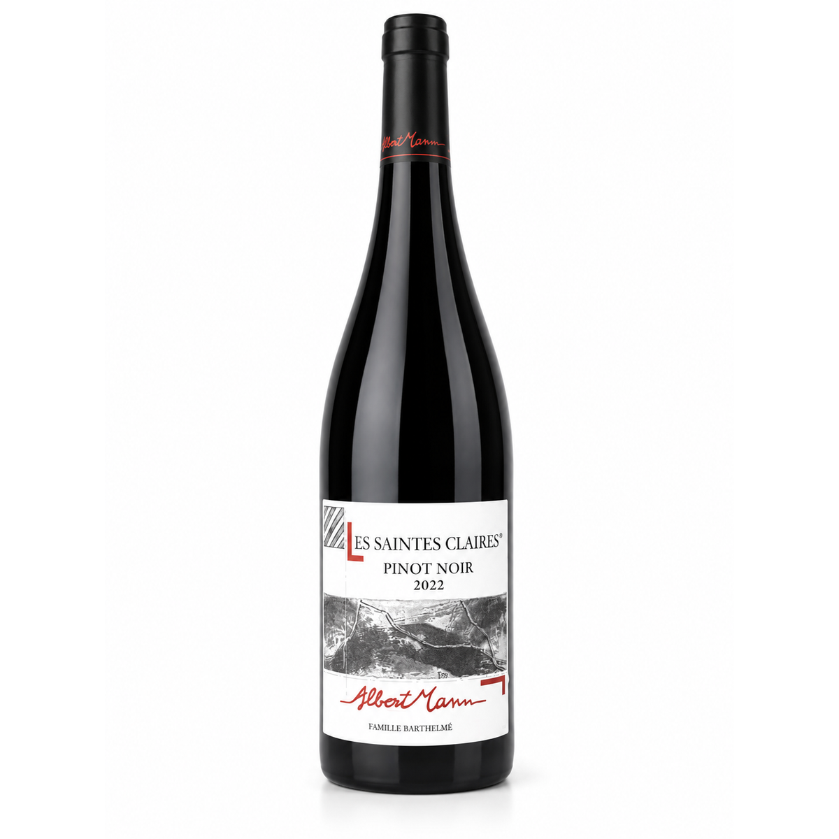 A bottle of Albert Mann Les Saintes Claires Pinot Noir 2022 wine, featuring a black glass bottle with a white label and red script details, set against a plain white background.