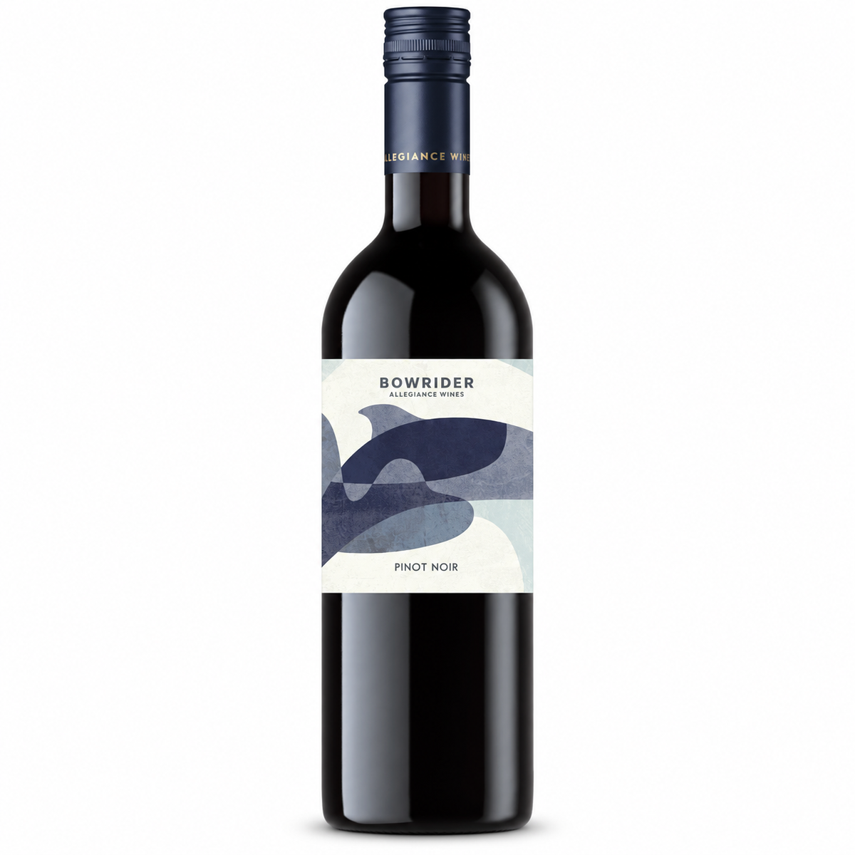 A bottle of Bowrider Pinot Noir red wine with a dark glass body, a dark blue foil cap, and a cream-colored label featuring an abstract blue and gray design.