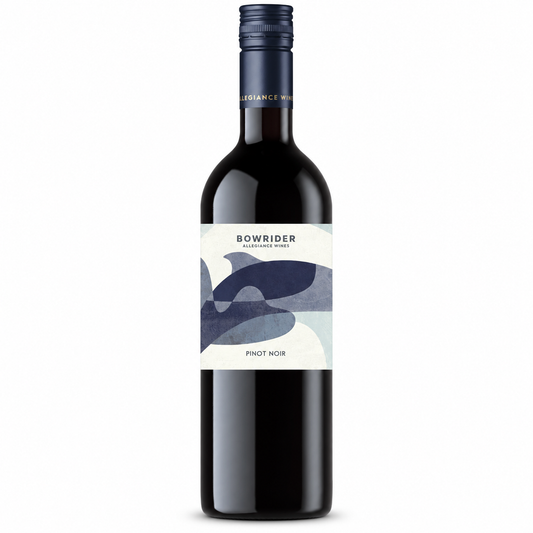 A bottle of Bowrider Pinot Noir red wine with a dark glass body, a dark blue foil cap, and a cream-colored label featuring an abstract blue and gray design.
