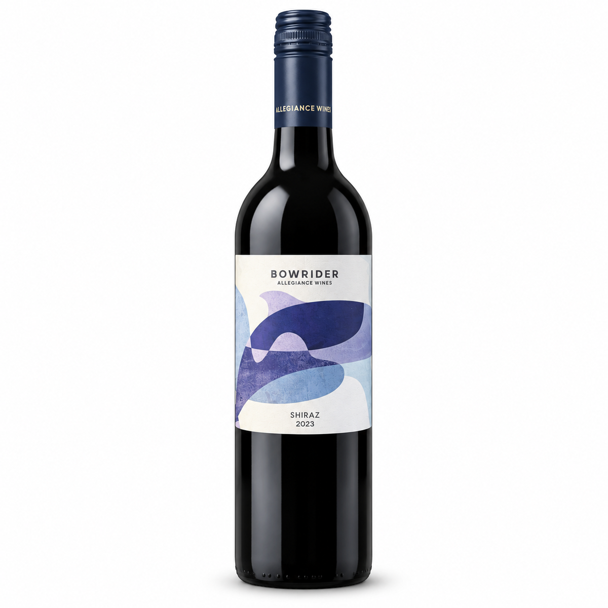 A bottle of Bow Rider Shiraz 2023 from Alleiance Wine, featuring a dark glass bottle with a white label decorated with abstract blue and purple shapes, and a dark blue foil cap.