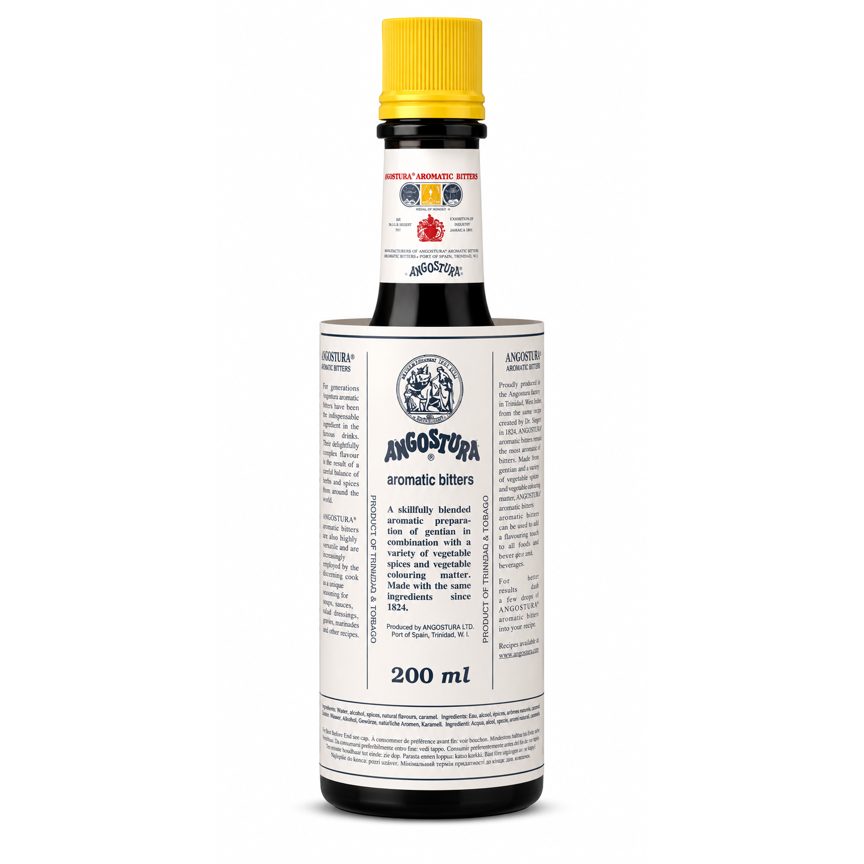A 200 ml bottle of Angostura aromatic bitters with a yellow cap and a white label featuring black text and a blue brand logo, set against a plain white background.