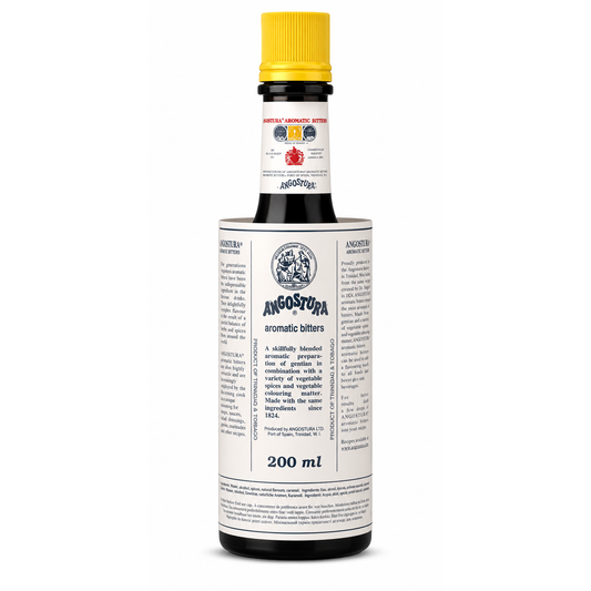 A 200 ml bottle of Angostura aromatic bitters with a yellow cap and a white label featuring black text and a blue brand logo, set against a plain white background.