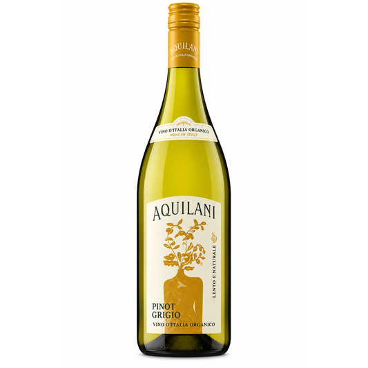 A bottle of Aquilani Pinot Grigio white wine, featuring a pale yellow-green glass bottle with a gold foil neck and a cream-colored label with gold illustrations, set against a plain white background.