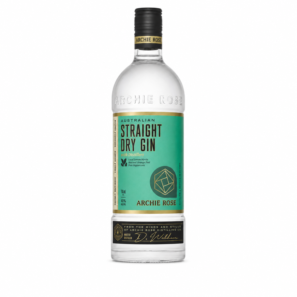 A bottle of Archie Rose Straight Dry Gin with a prominent teal green label and black cap, set against a plain white background.