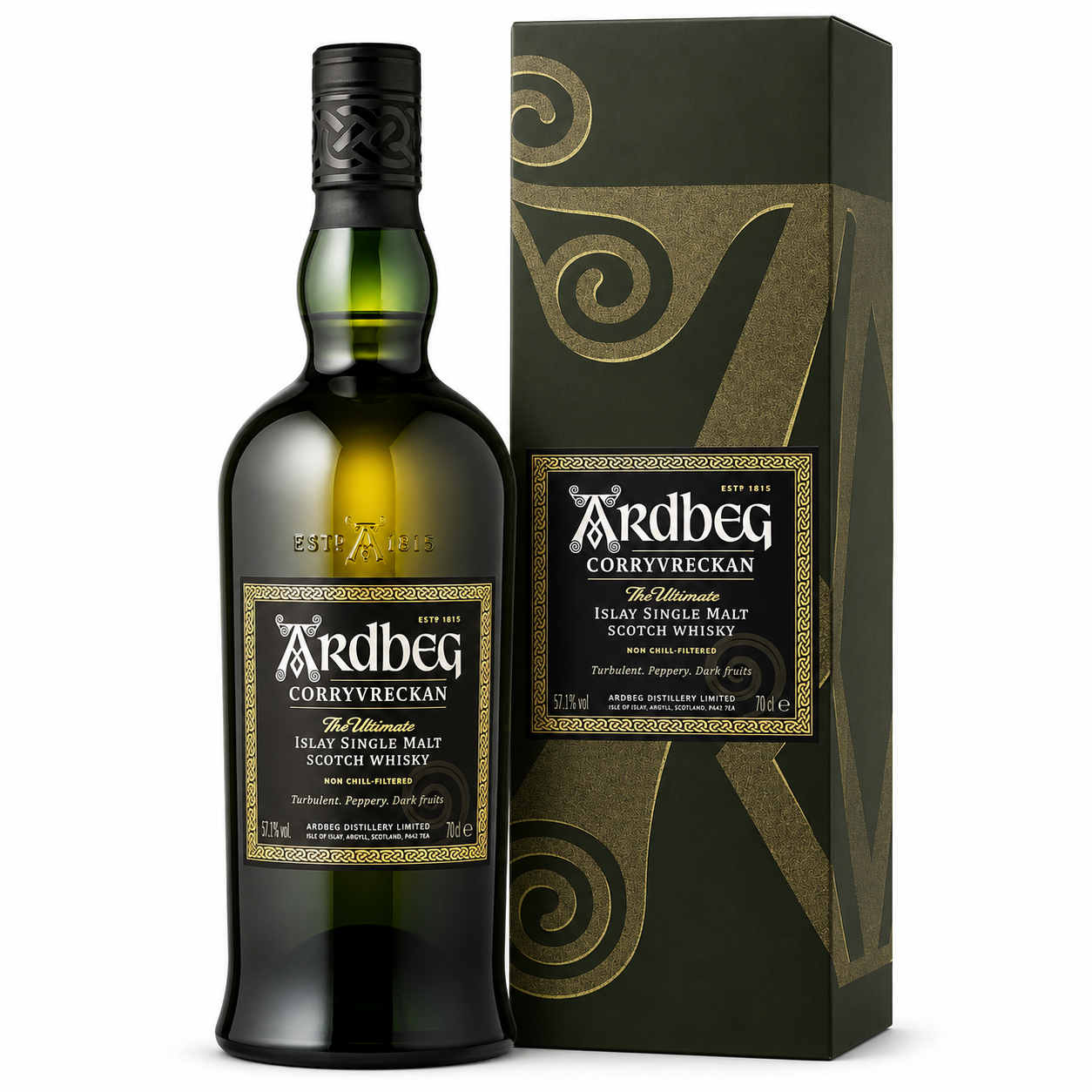 A bottle of Ardbeg Corryvreckan single malt Scotch whisky stands next to its matching dark green and gold packaging box on a clean white background.