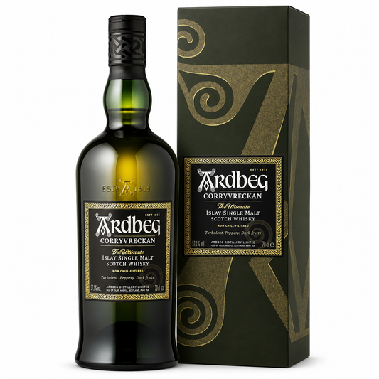 A bottle of Ardbeg Corryvreckan single malt Scotch whisky stands next to its matching dark green and gold packaging box on a clean white background.