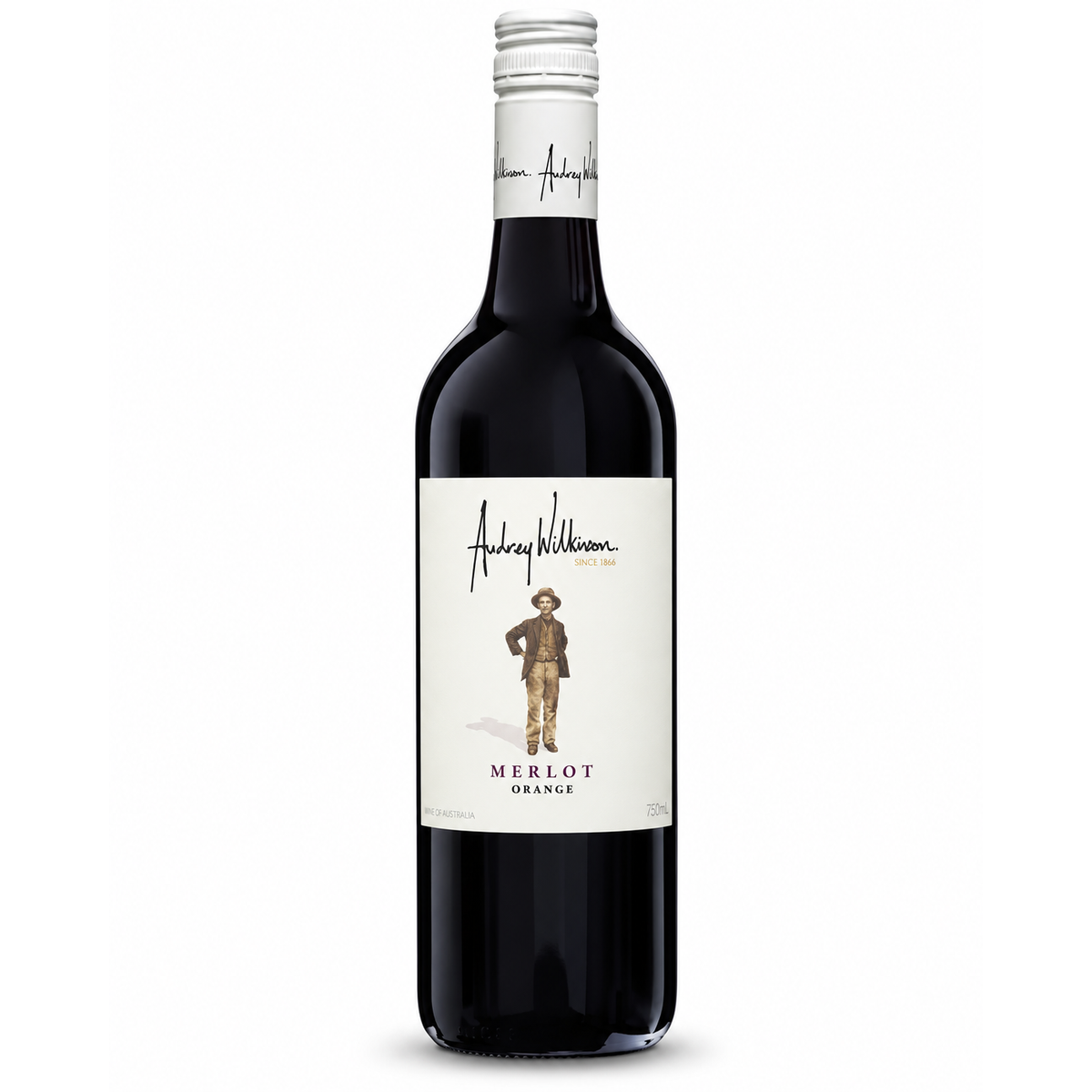 A bottle of Audrey Williamson Merlot Orange red wine, featuring a dark glass bottle with a white label and a silver screw cap, set against a plain white background.