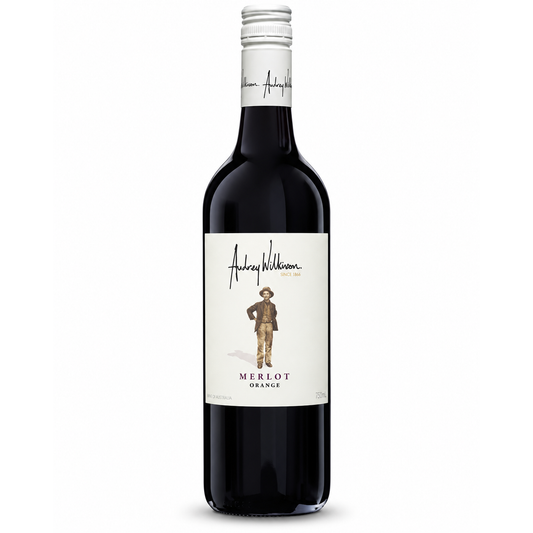 A bottle of Audrey Williamson Merlot Orange red wine, featuring a dark glass bottle with a white label and a silver screw cap, set against a plain white background.