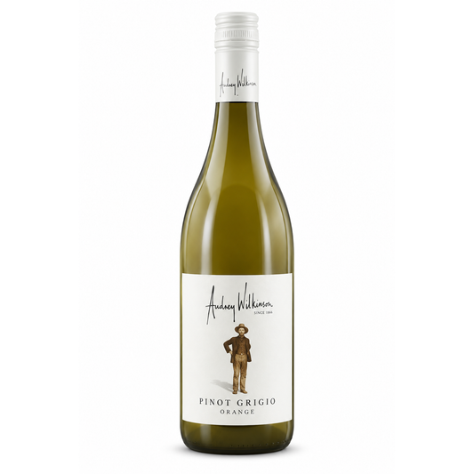 A bottle of Audrey Williamson Pinot Grigio Orange white wine, featuring a white label with a cowboy illustration and a greenish-yellow wine liquid inside, set against a plain white background.