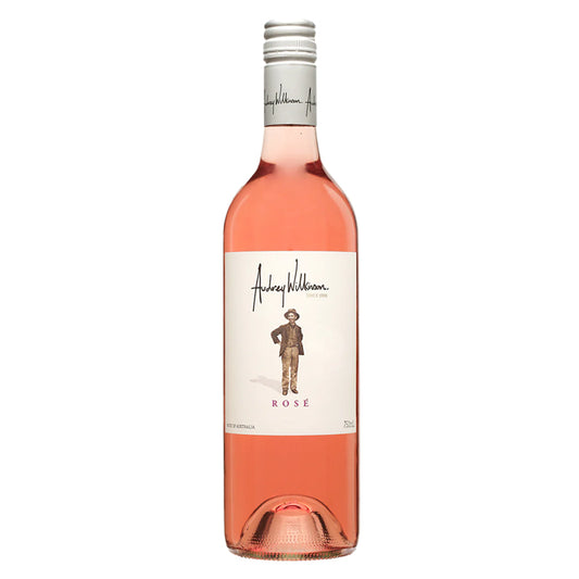 A bottle of Audrey Wilkinson Rosé wine with a pink hue, featuring label information and a graphic of a man standing.