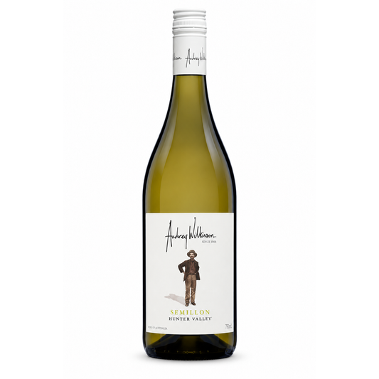 A bottle of Audrey Williamson Semillon Hunter Valley white wine, featuring a white label with a cowboy illustration and a green glass bottle, set against a plain white background.