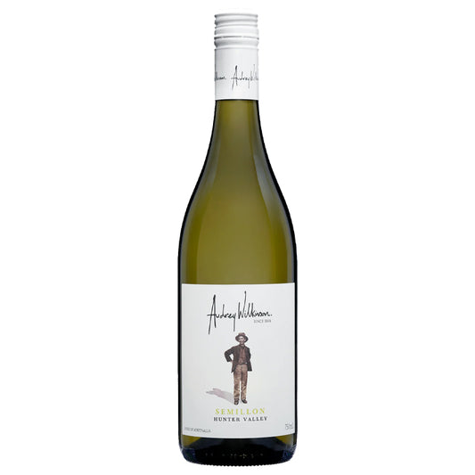 A bottle of Audrey Wilkinson Semillon wine with a white label featuring a black and white illustration of a man.
