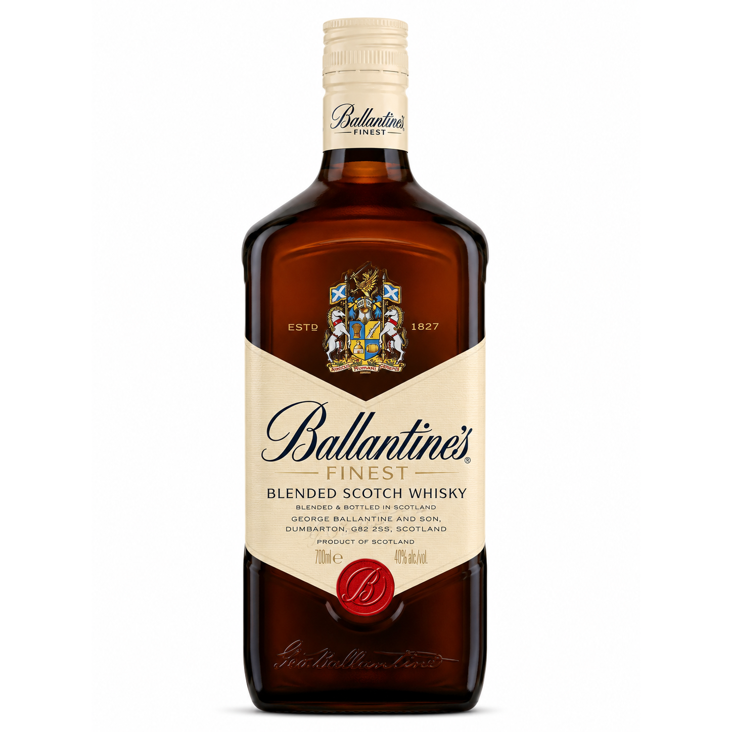 A bottle of Ballantine's Finest Blended Scotch Whisky on a plain white background. The bottle is made of dark amber glass, showing the liquid inside, and features a cream-colored label with the Ballantine's logo, a red wax seal, and a gold crest.