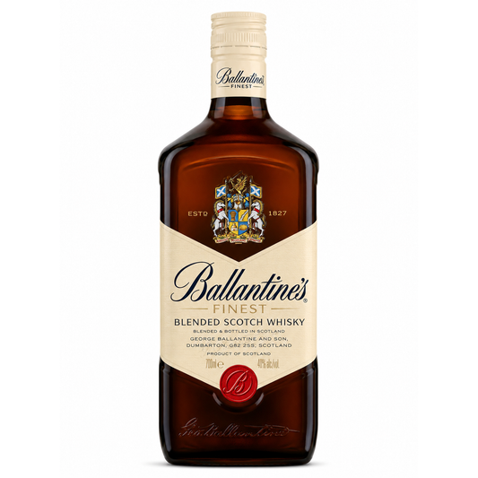A bottle of Ballantine's Finest Blended Scotch Whisky on a plain white background. The bottle is made of dark amber glass, showing the liquid inside, and features a cream-colored label with the Ballantine's logo, a red wax seal, and a gold crest.