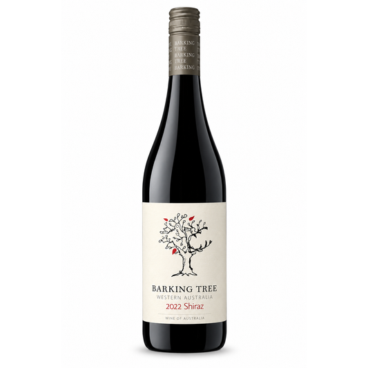 A bottle of Barking Tree Western Australia 2022 Shiraz red wine, featuring a cream-colored label with a black tree illustration and small red accents, set against a plain white background.
