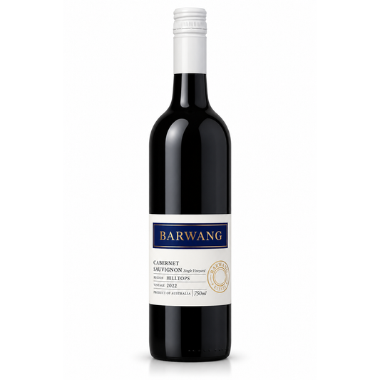 A bottle of Barwang Cabernet Sauvignon from the Barossa Hills, photographed on a clean white background. The bottle is made of very dark glass, likely black, with a white screw cap and a white label featuring navy blue and gold text and details.