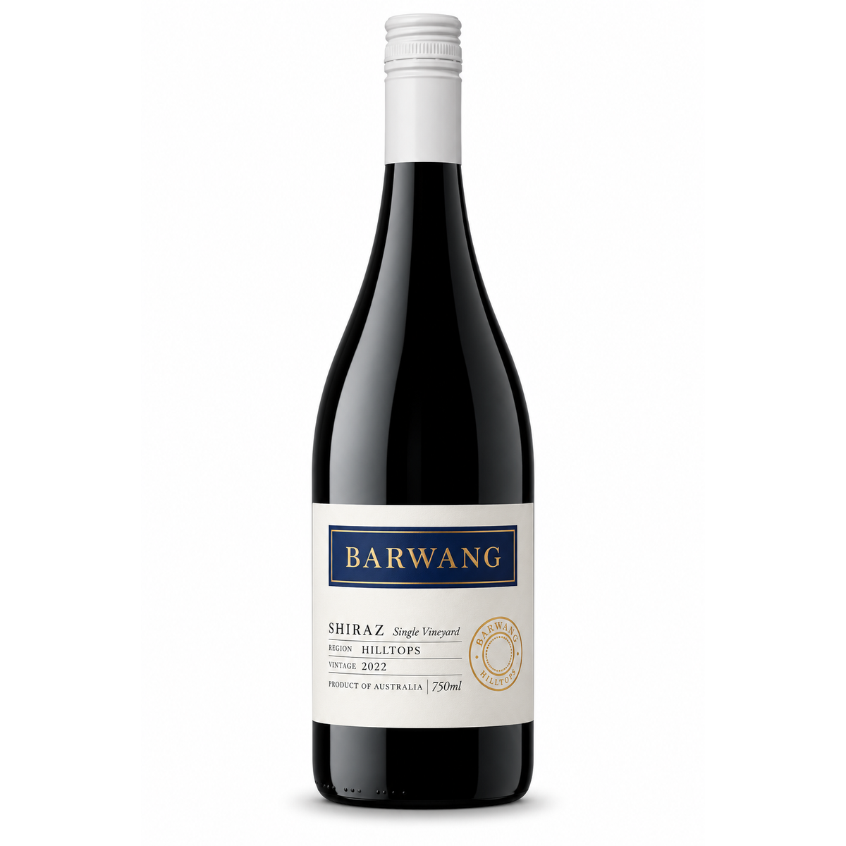 A bottle of Barwang Shiraz Single Vineyard wine from Hilltops, featuring a dark glass bottle with a white and navy blue label, set against a plain white background.