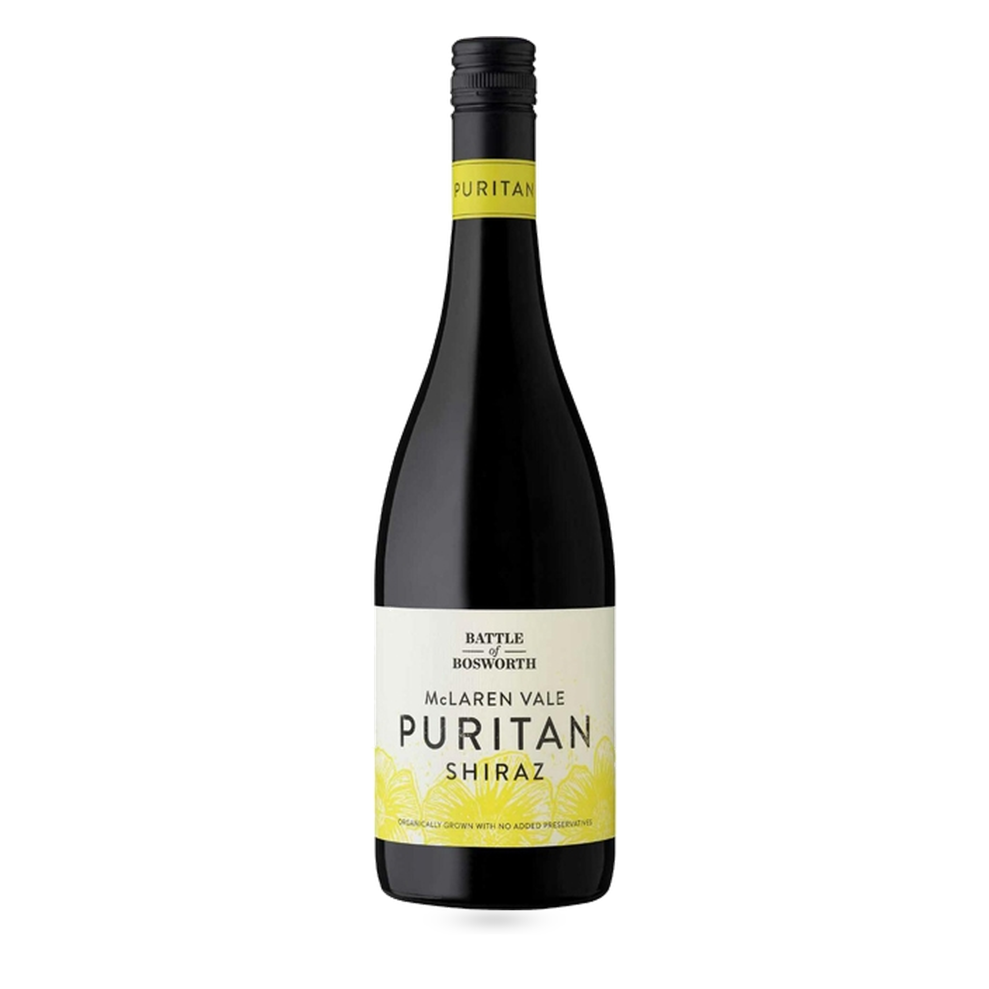 A bottle of McLaren Vale Battle of Bosworth Puritan Shiraz red wine against a plain white background. The bottle is dark glass with a black screw cap and a cream-colored label featuring yellow accents at the bottom and top.