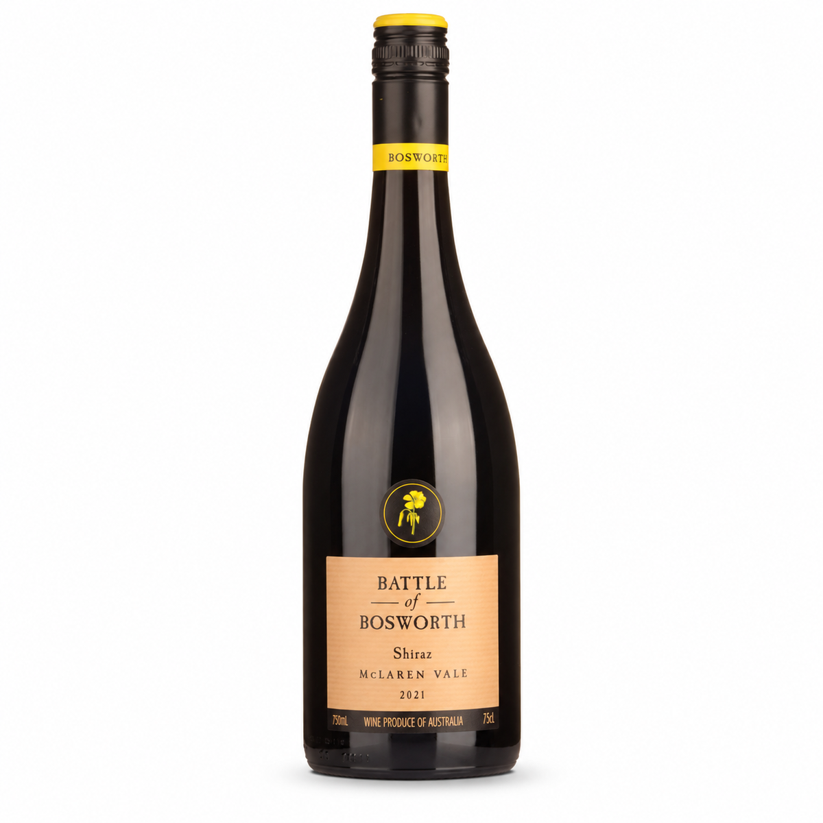 A bottle of Bosworth Shiraz from the McLaren Vale range, featuring a dark glass bottle with a beige label and a yellow accent band near the neck, set against a plain white background.
