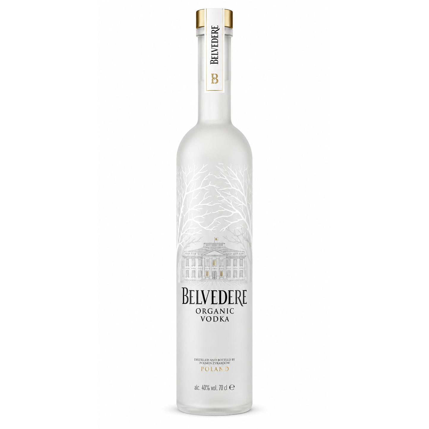 A bottle of Belvedere Organic Vodka on a solid white background. The bottle is frosted white with a detailed illustration of a grand classical building and leafless trees on the front label.
