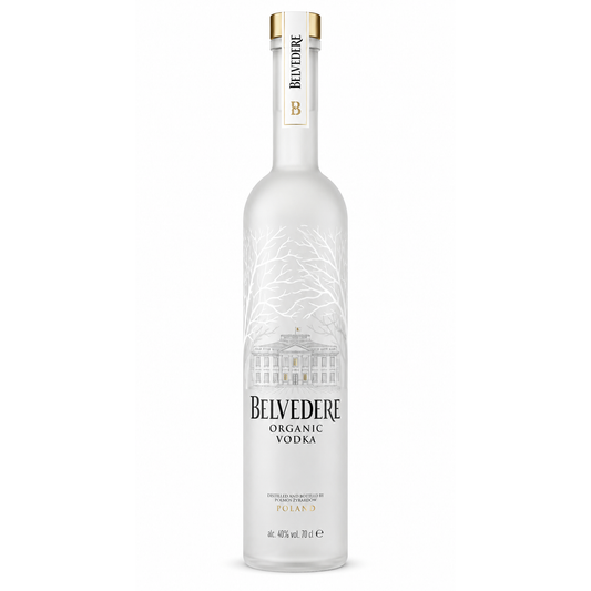 A bottle of Belvedere Organic Vodka on a solid white background. The bottle is frosted white with a detailed illustration of a grand classical building and leafless trees on the front label.